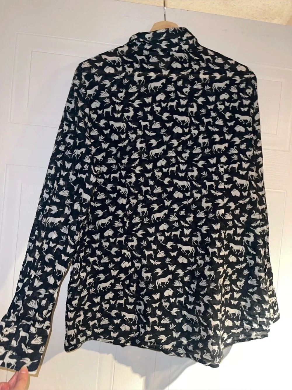 B.S Frankonia Black Sheer Cotton Button-Up Shirt Blouse with White Animal Print - Picture 6 of 11